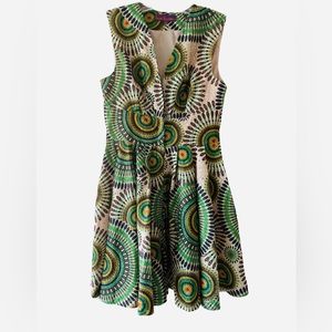 Sweet Sinammon Fit And Flare Green African Mandala Print Dress Deep V Sz M.